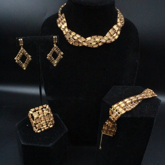 Weiss Jewelry - WEISS HIGH END DESIGNER BROWN TOPAZ RHINESTONES EMERALD CUT PARURE SET